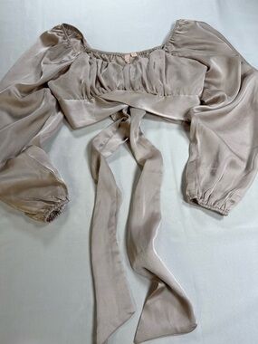 Tie-Back Puff Sleeve Blouse in Taupe